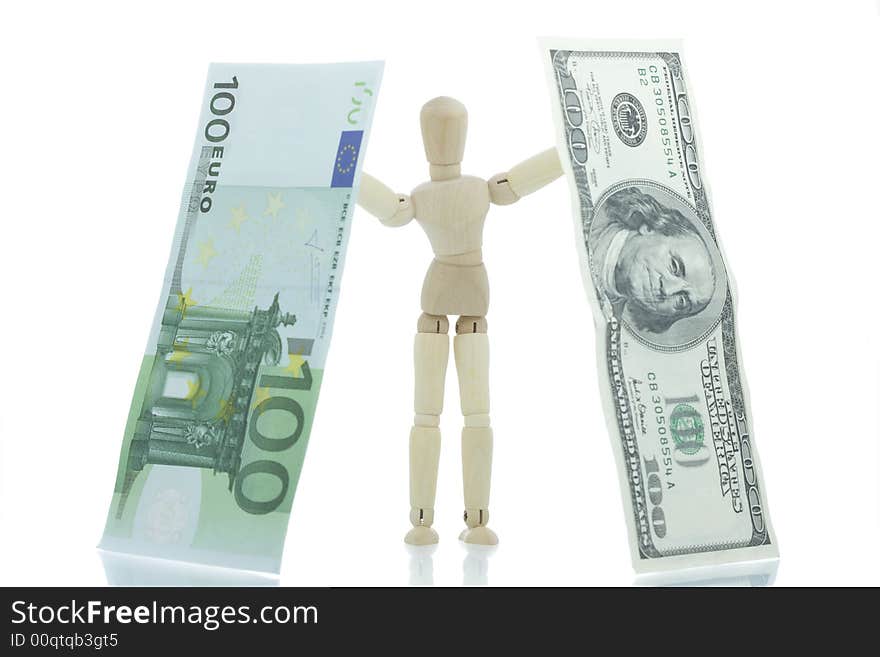 Manikin holds falling hundred dollar euro bills. Manikin holds falling hundred dollar euro bills