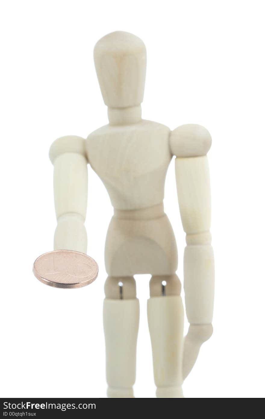 Manikin offering one cent coin. Manikin offering one cent coin