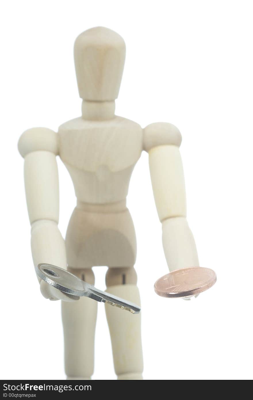 Manikin offering key and coin. Manikin offering key and coin