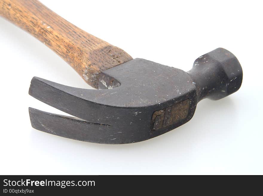 Old vintage wooden handle construction hammer isolated. Old vintage wooden handle construction hammer isolated