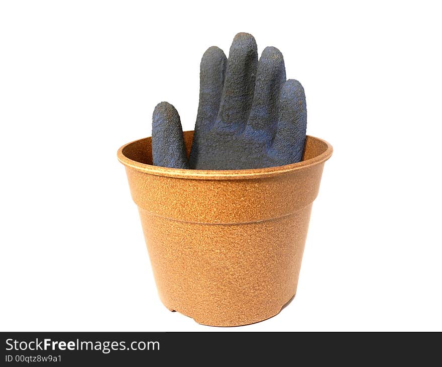 Blue gardening inside a new planting pot isolated over a white background