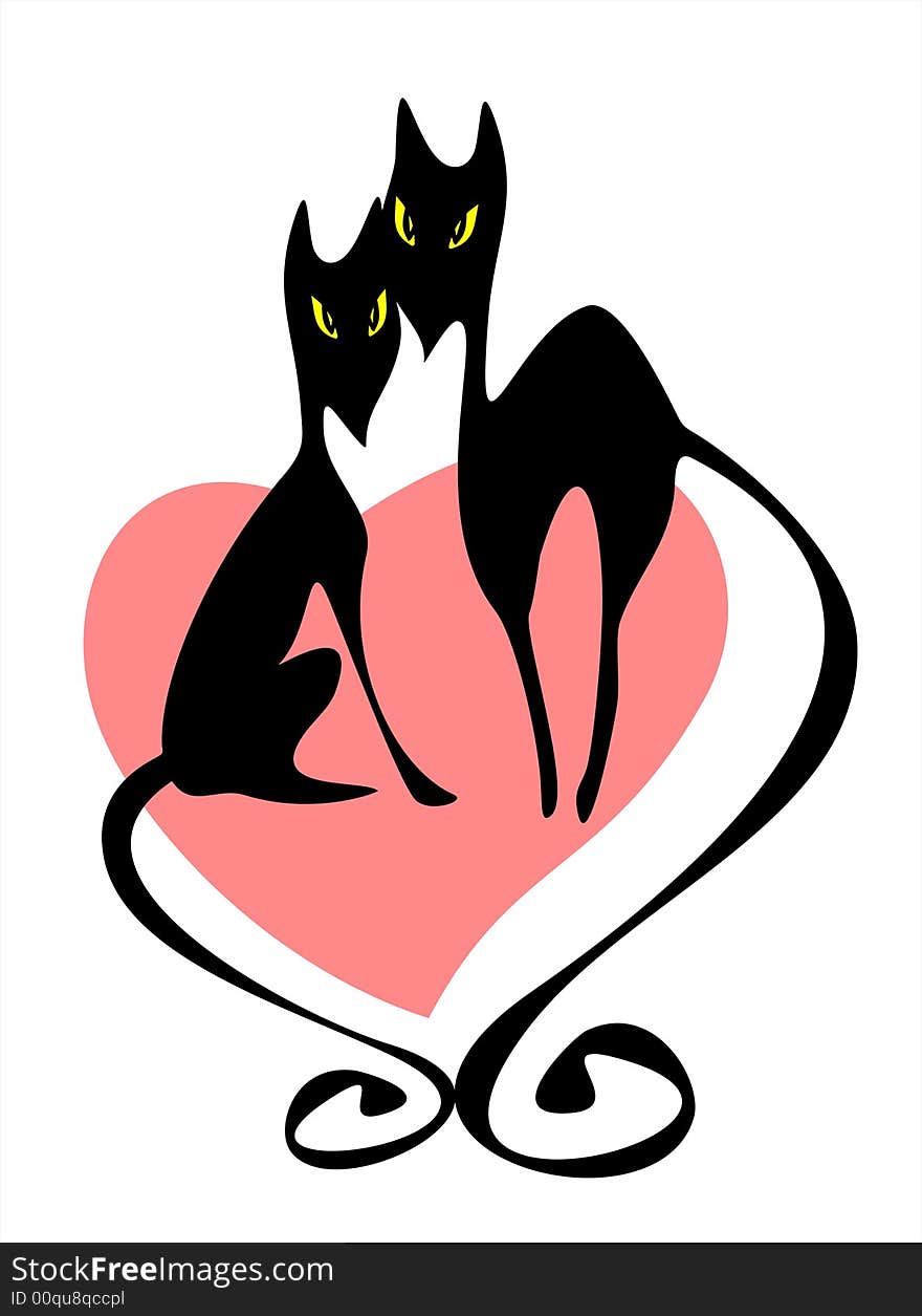 Two enamored black cats and pink heart on a white background. Valentines illustration.