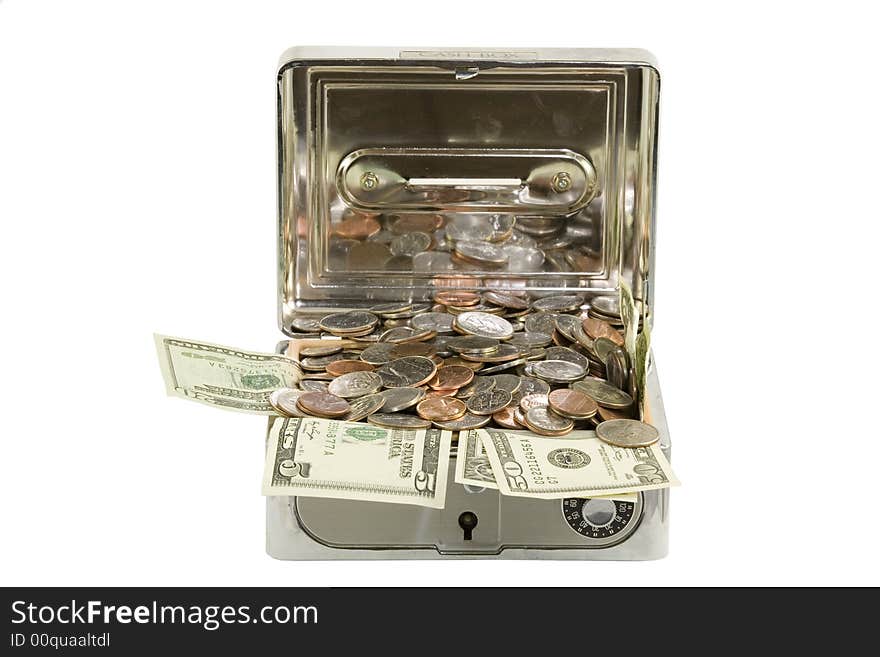 Isolated open cash box with money