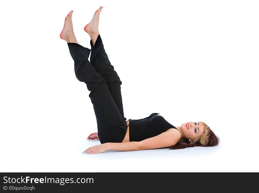 Woman practicing fitness  on  isolated background