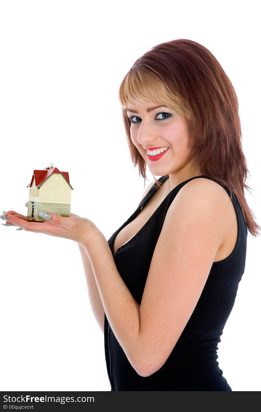 Business woman advertises real estate on isolated background