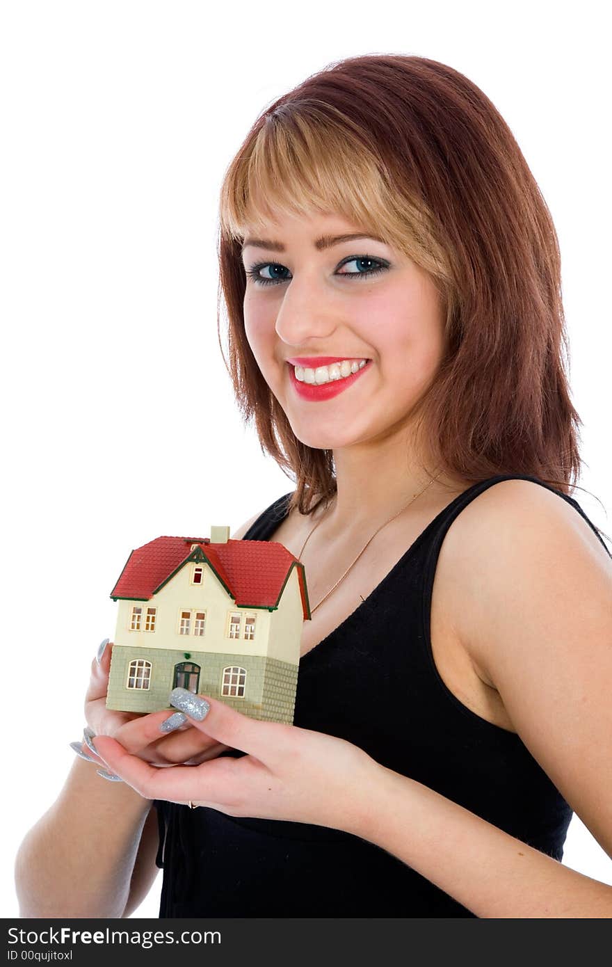 Business woman advertises real estate on isolated background