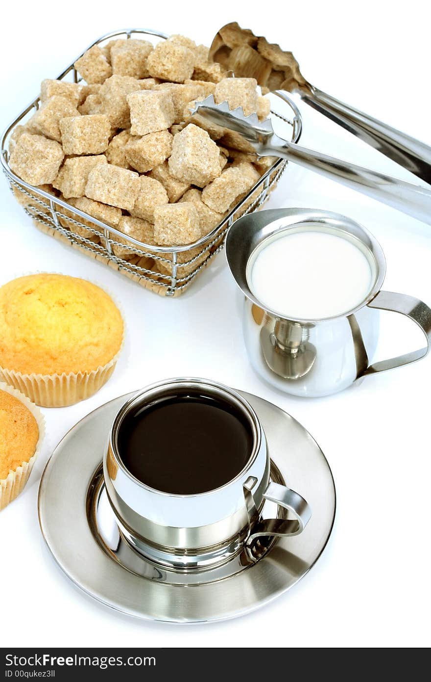 Cup of black coffee with brown sugar, muffin and milk 1. Cup of black coffee with brown sugar, muffin and milk 1