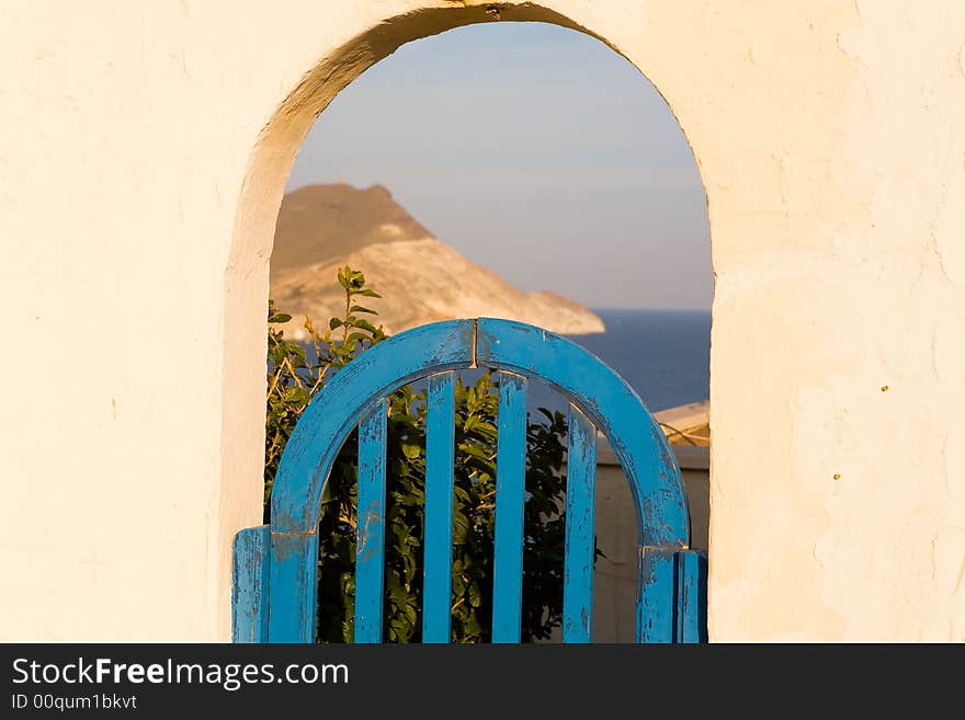 Blue door. Entrance to a typical mediterranean house. Almeria, Spain