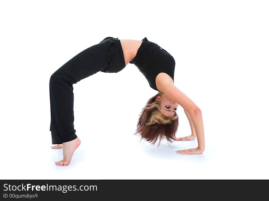 Woman practicing fitness  on  isolated background