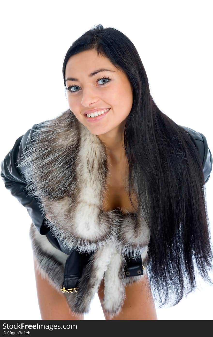 Portrait of the brunette with blue eye on white background