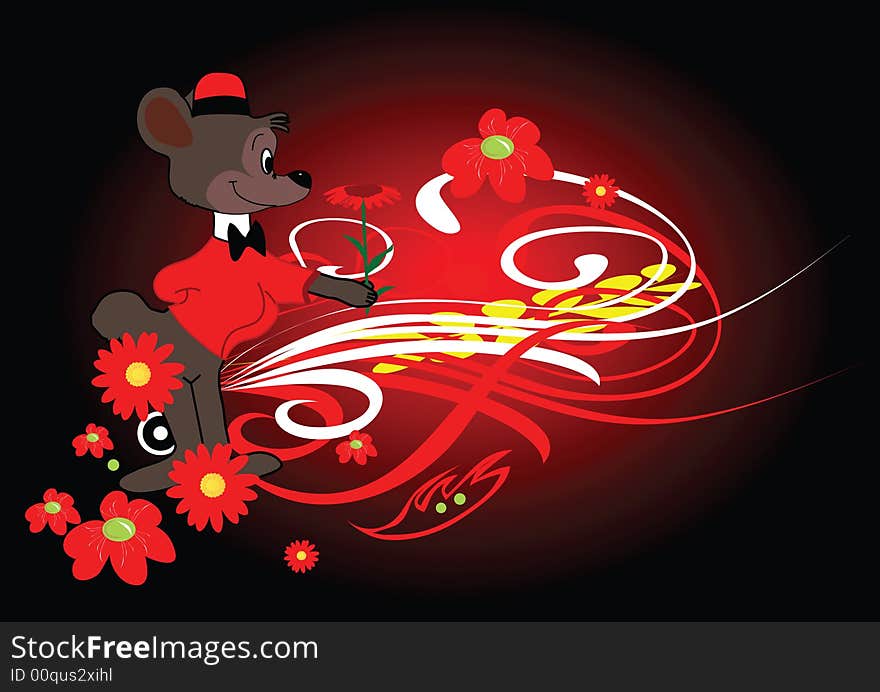 Happy bear with red flowers