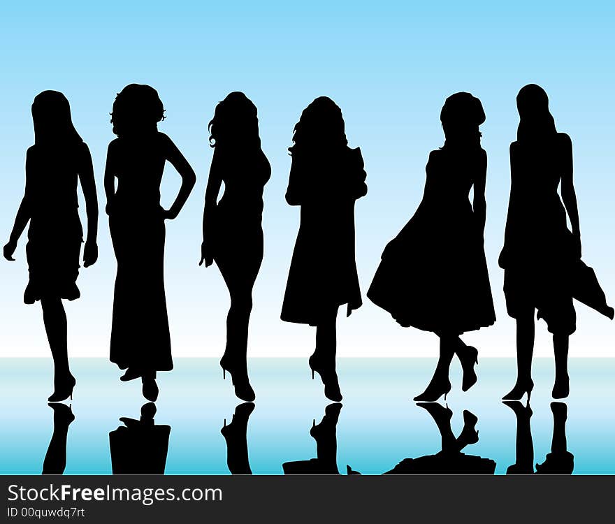 Beautiful girls on blue background silhouette