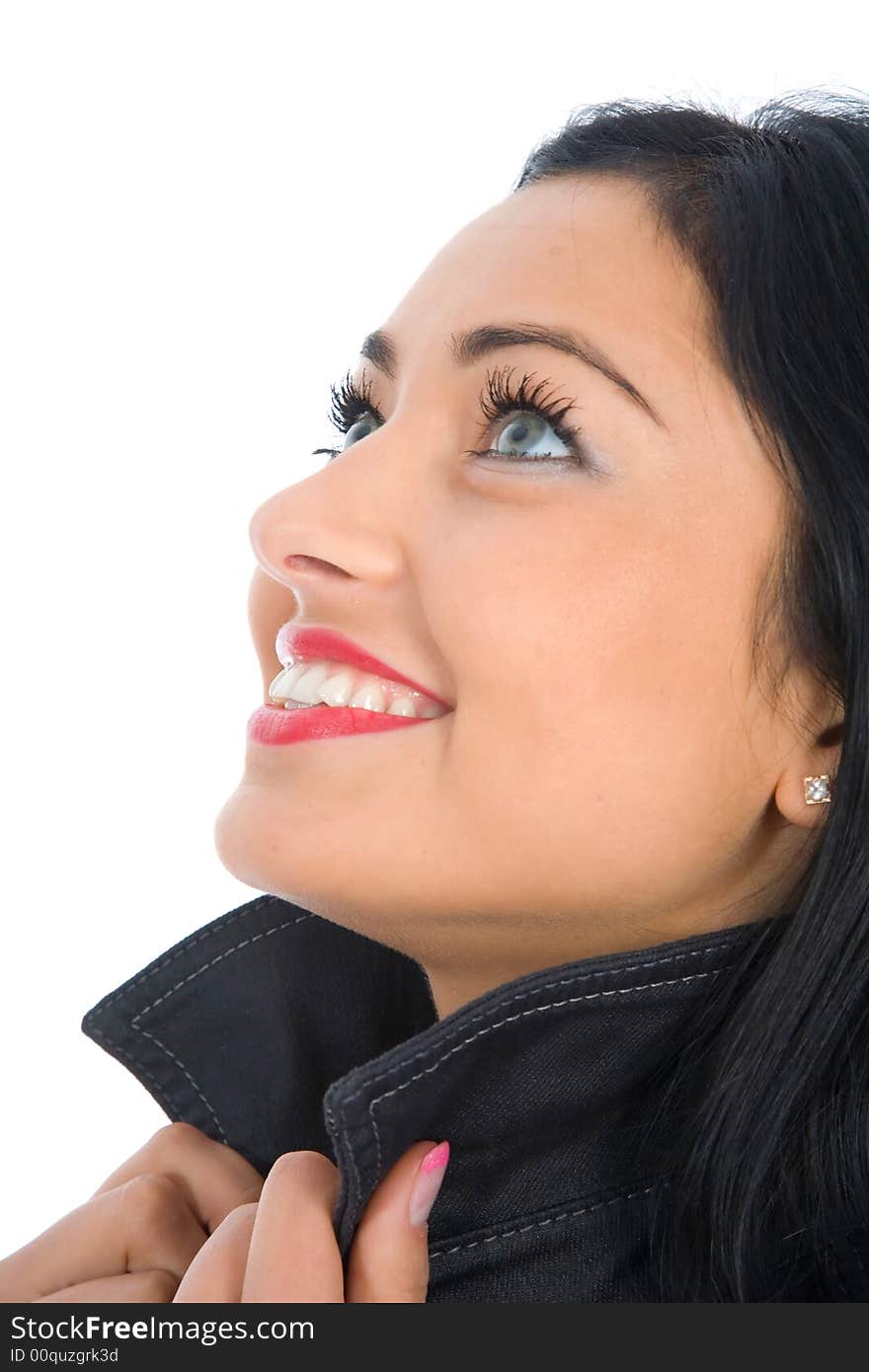 Portrait of the brunette with blue eye on white background