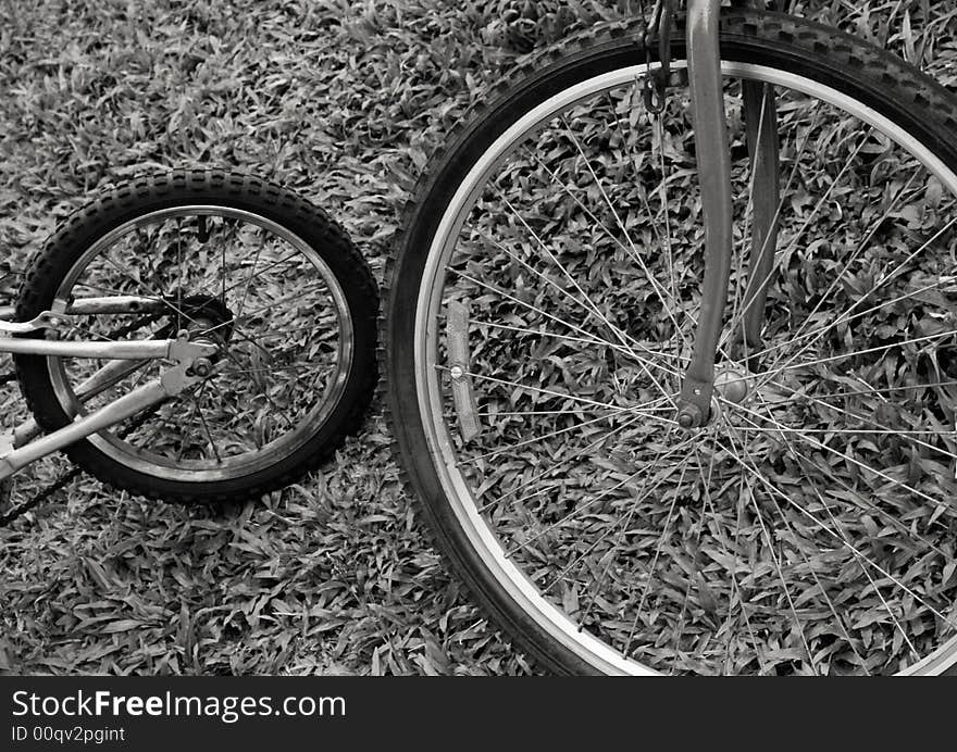 Black and white image of bicycle wheels against grass background emphasizing the pleasure of sports