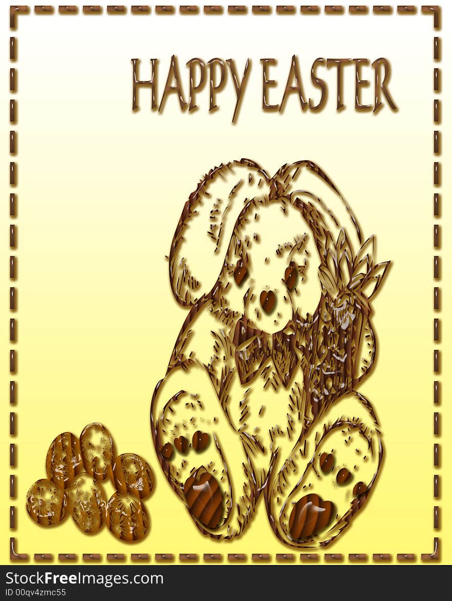 Chocolate rabbit and easter eggs on yellow background. Chocolate rabbit and easter eggs on yellow background