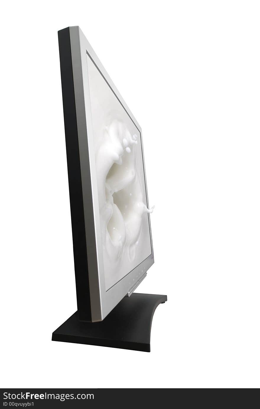 Photo of a computer monitor. With a splash into white liquid. Photo of a computer monitor. With a splash into white liquid.