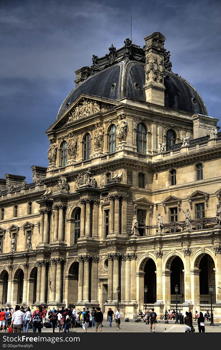 Plaza, front and facade of the Louvre museum in Paris, France