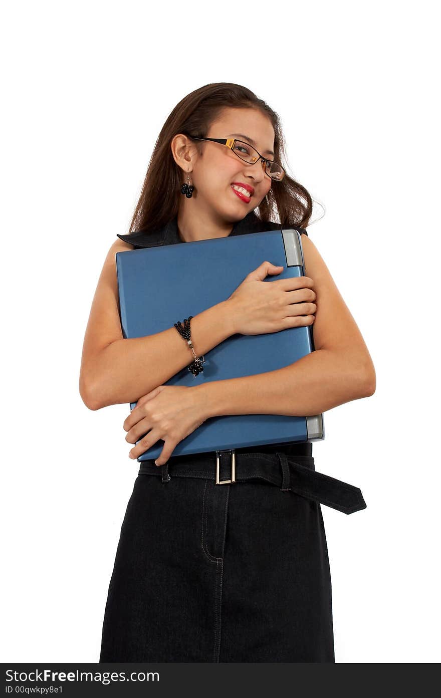 Gorgeous female employee embracing her blue laptop