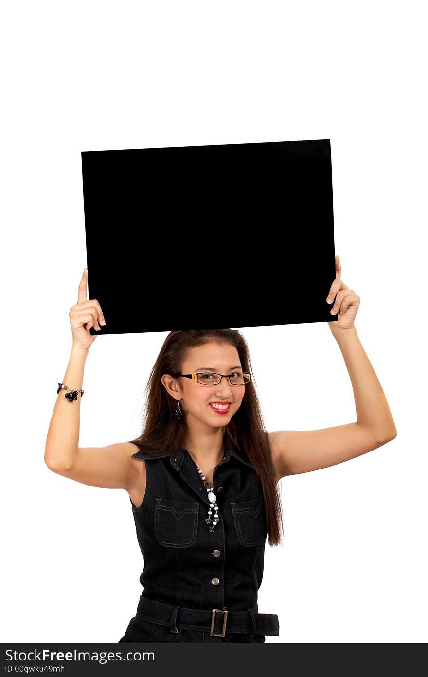 Female secretary holding a blank black board