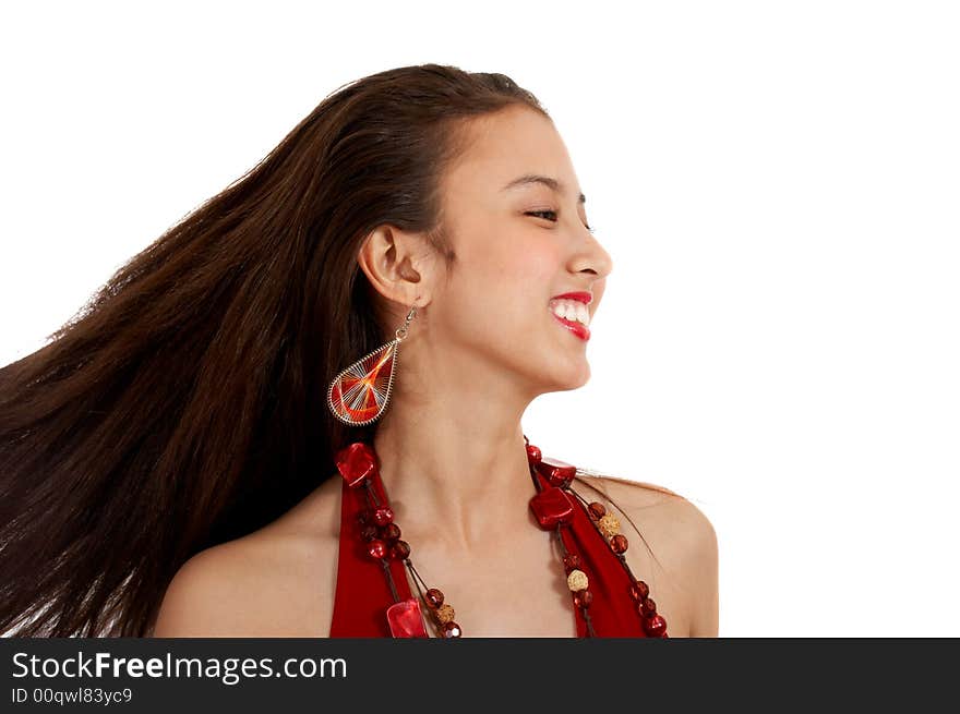 Happy young teenage girl in red dress