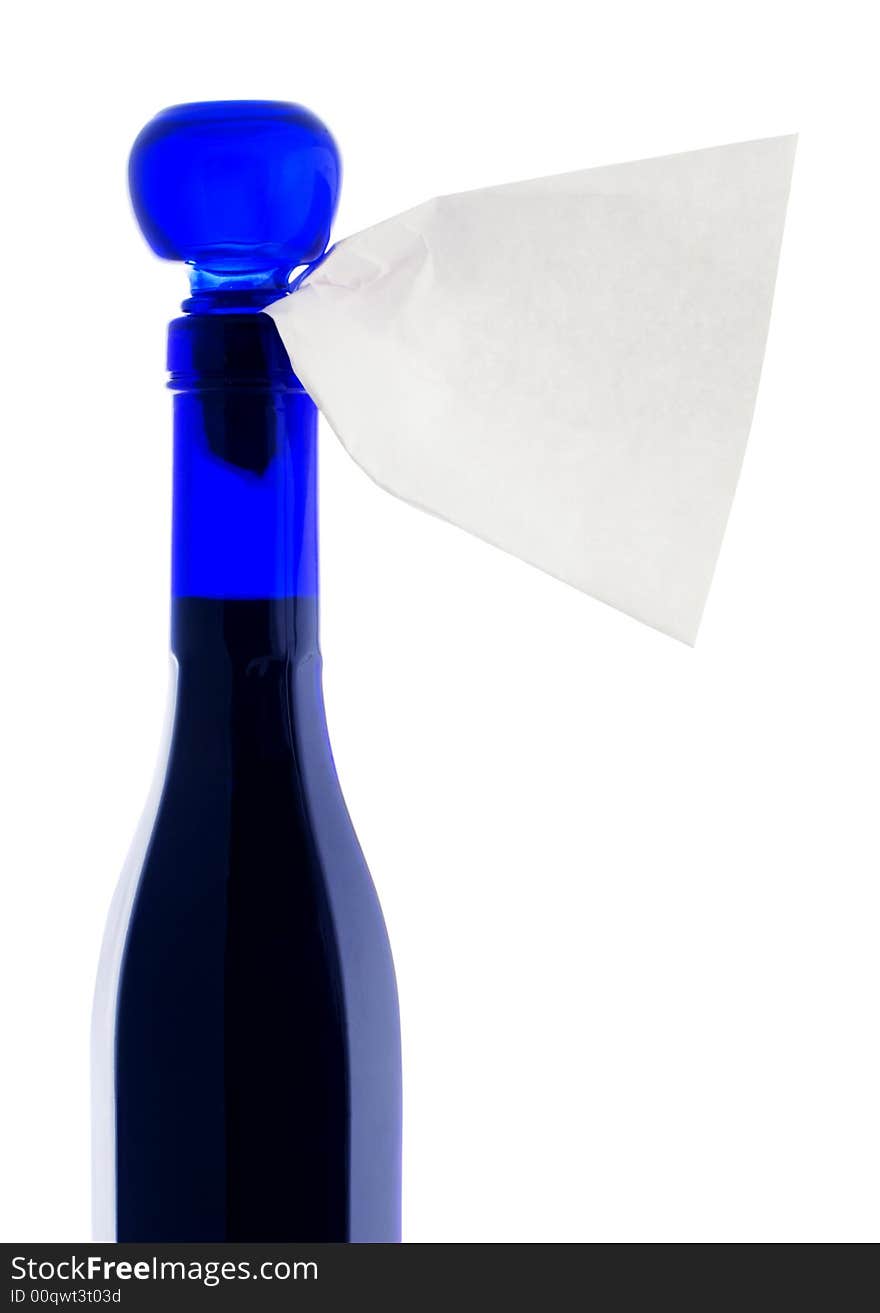 Blue bottle with label