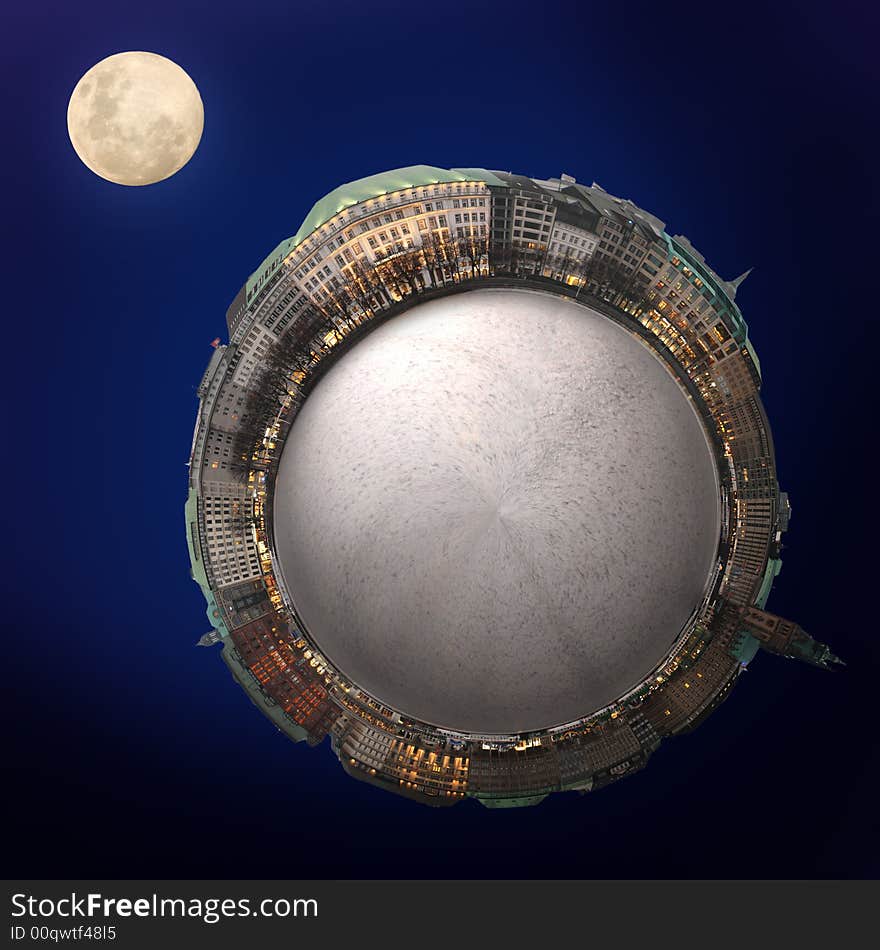 Montage of a planet with a panorama of Hamburg, Germany, and the moon. Montage of a planet with a panorama of Hamburg, Germany, and the moon