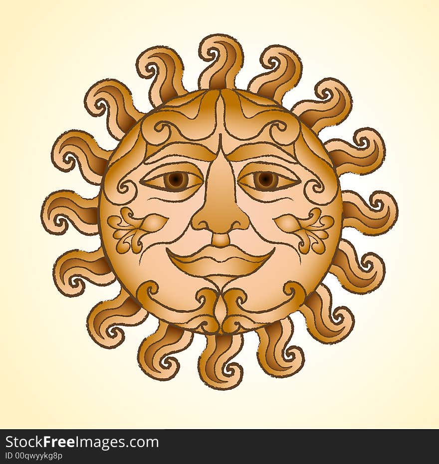 Solar disk with set of the twirled beams and with a human face. Solar disk with set of the twirled beams and with a human face