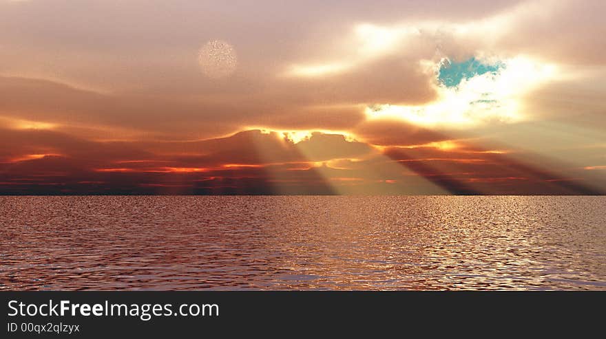 Beautiful sunset over a sea. 3d image