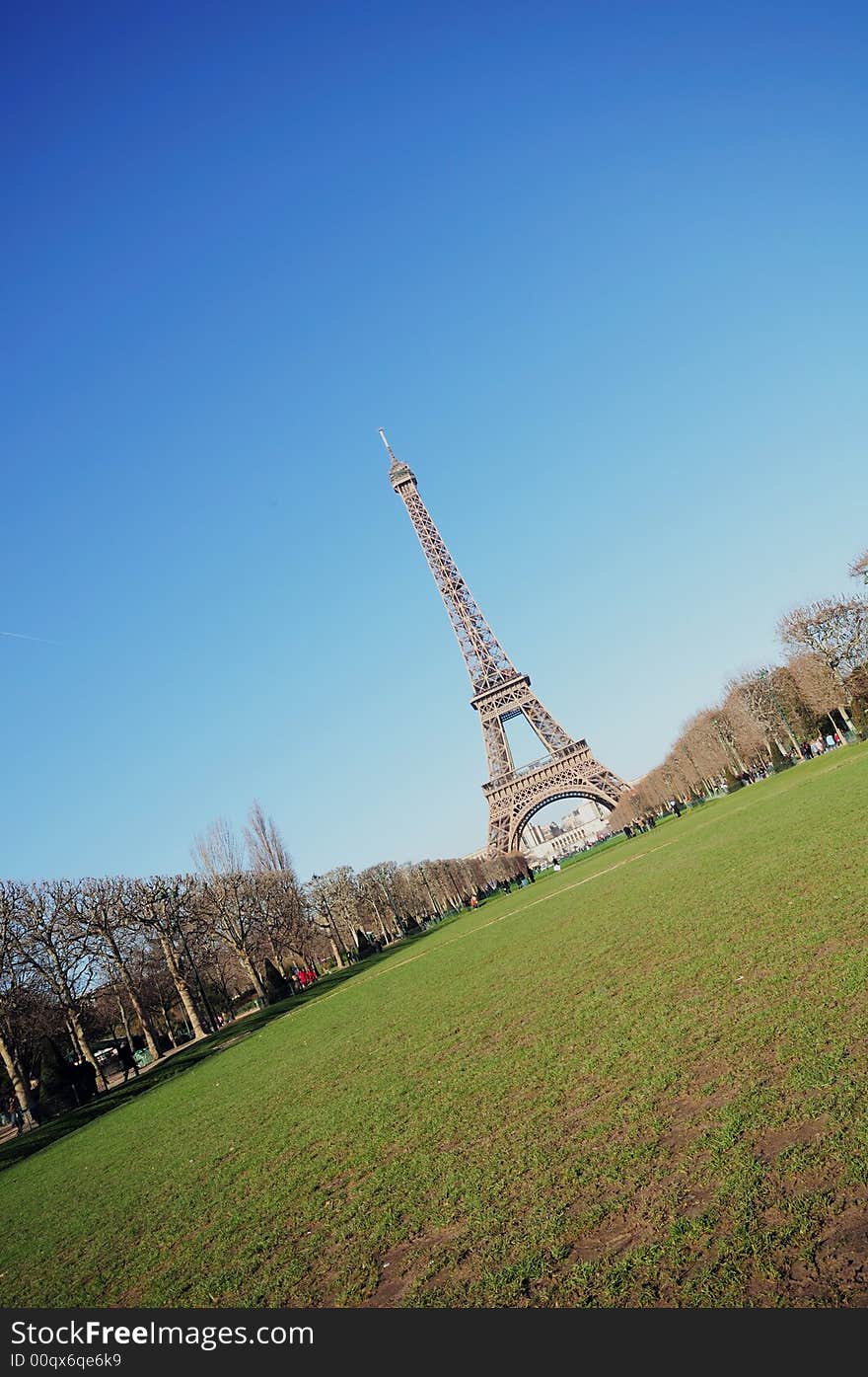 Eiffel Tower in Paris on a clear winter day in February with a deep blue sky. Eiffel Tower in Paris on a clear winter day in February with a deep blue sky.