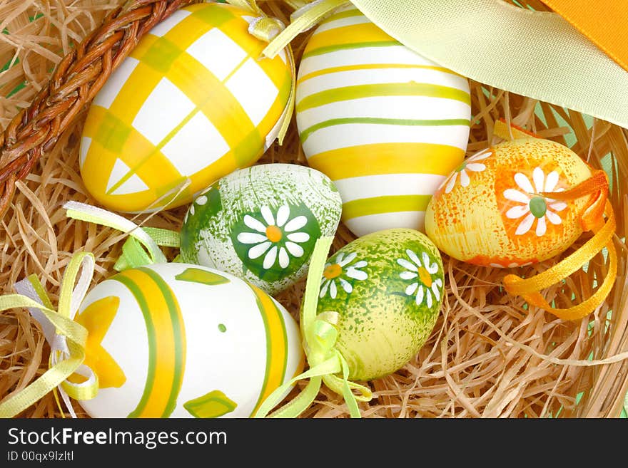 Colorful Easter eggs in a basket