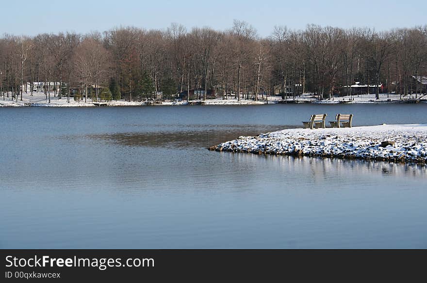 Benches Overlooking Lake in Winter