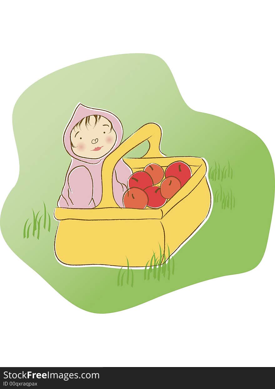 Vector illustration of a baby sitting in a basket of apples in a grassy field abstract background. Vector illustration of a baby sitting in a basket of apples in a grassy field abstract background.