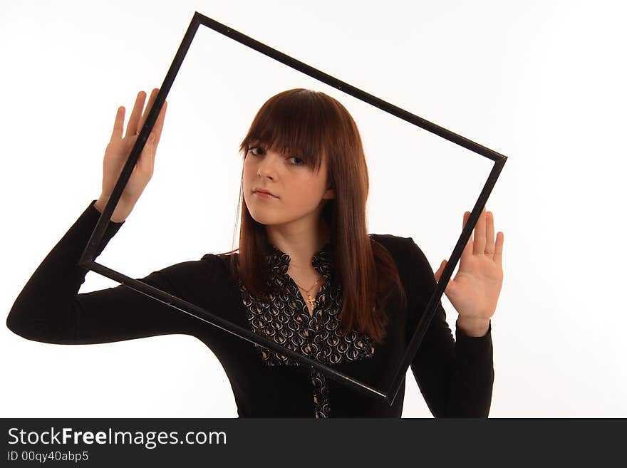 Portrait of the girl with a framework on a white background