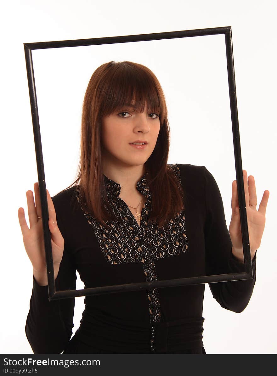 Portrait of the girl with a framework on a white background