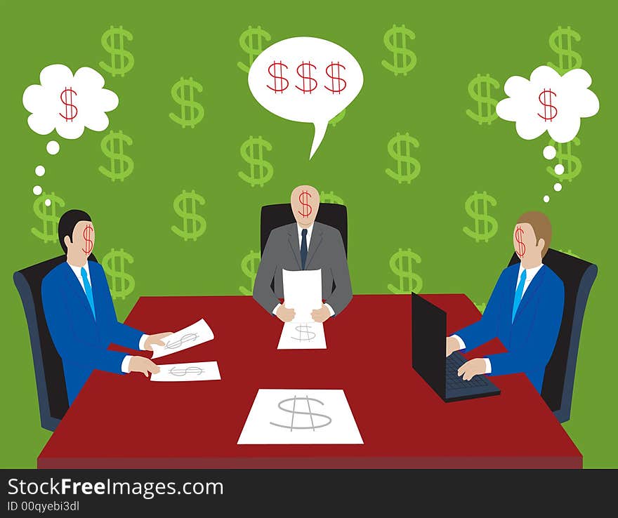 Seating at the table with „dollar sigh faces“ businessmen. Vector illustration.