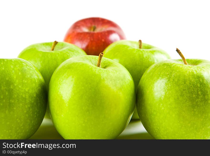 Six apples in a triangle with a white background