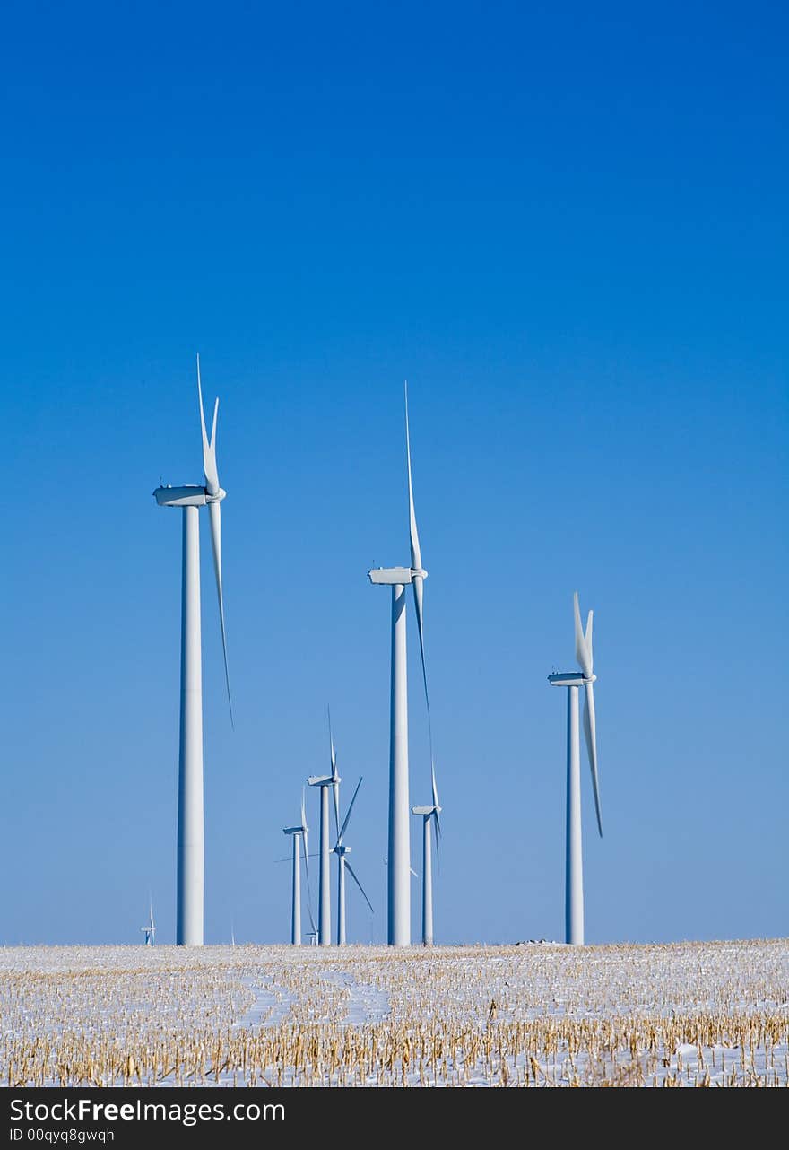 Group of wind turbines in corn field with blue sky and snow. Group of wind turbines in corn field with blue sky and snow