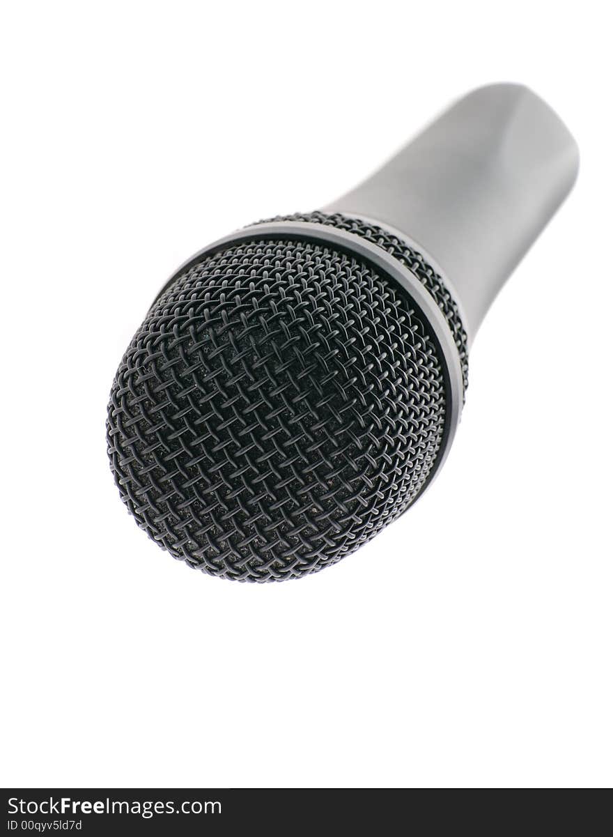 Microphone perspective. The studio musical microphone isolated on a white background