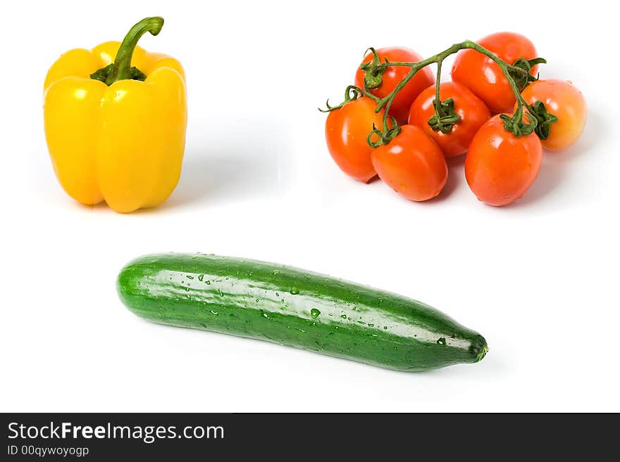 Pepper tomato and cucumber isolated on white background