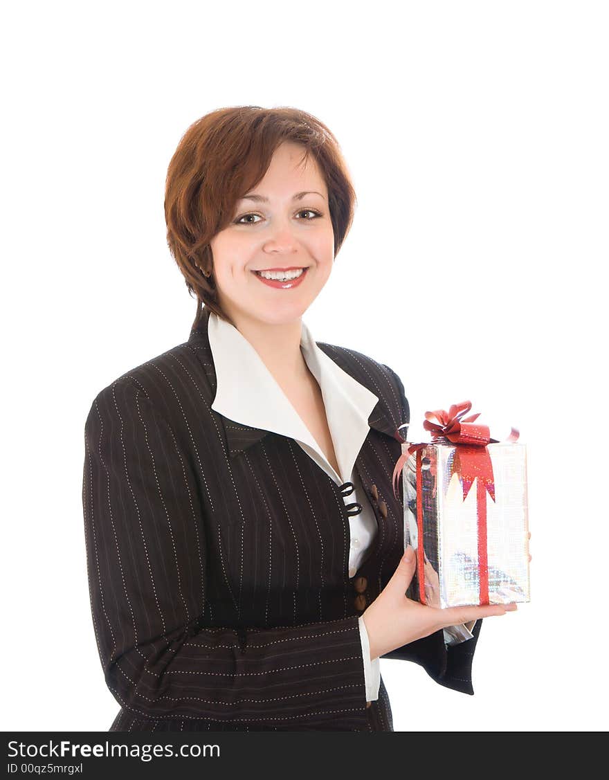 Young smiling woman with gift over white