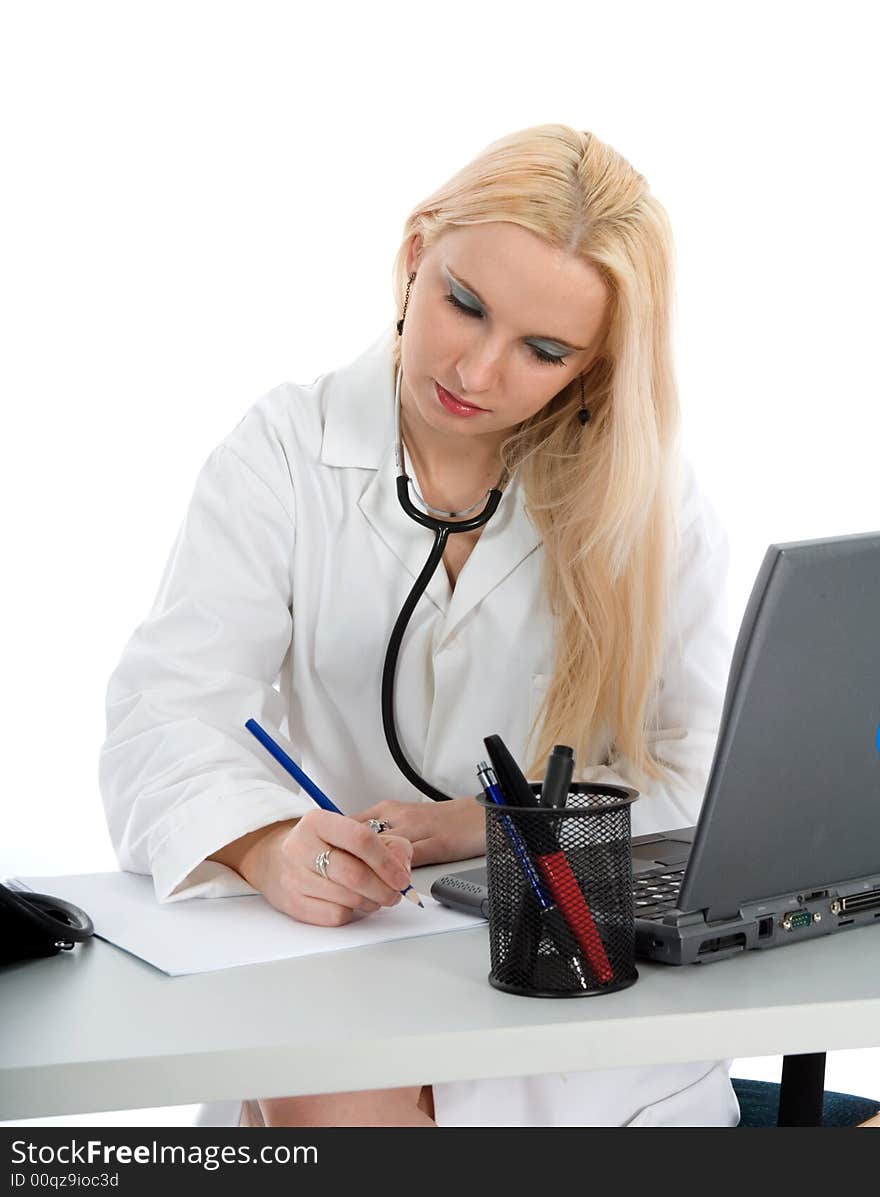 Young doctor with stethoscope on isolated background