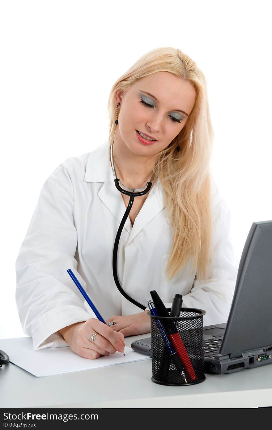 Young doctor with stethoscope on isolated background