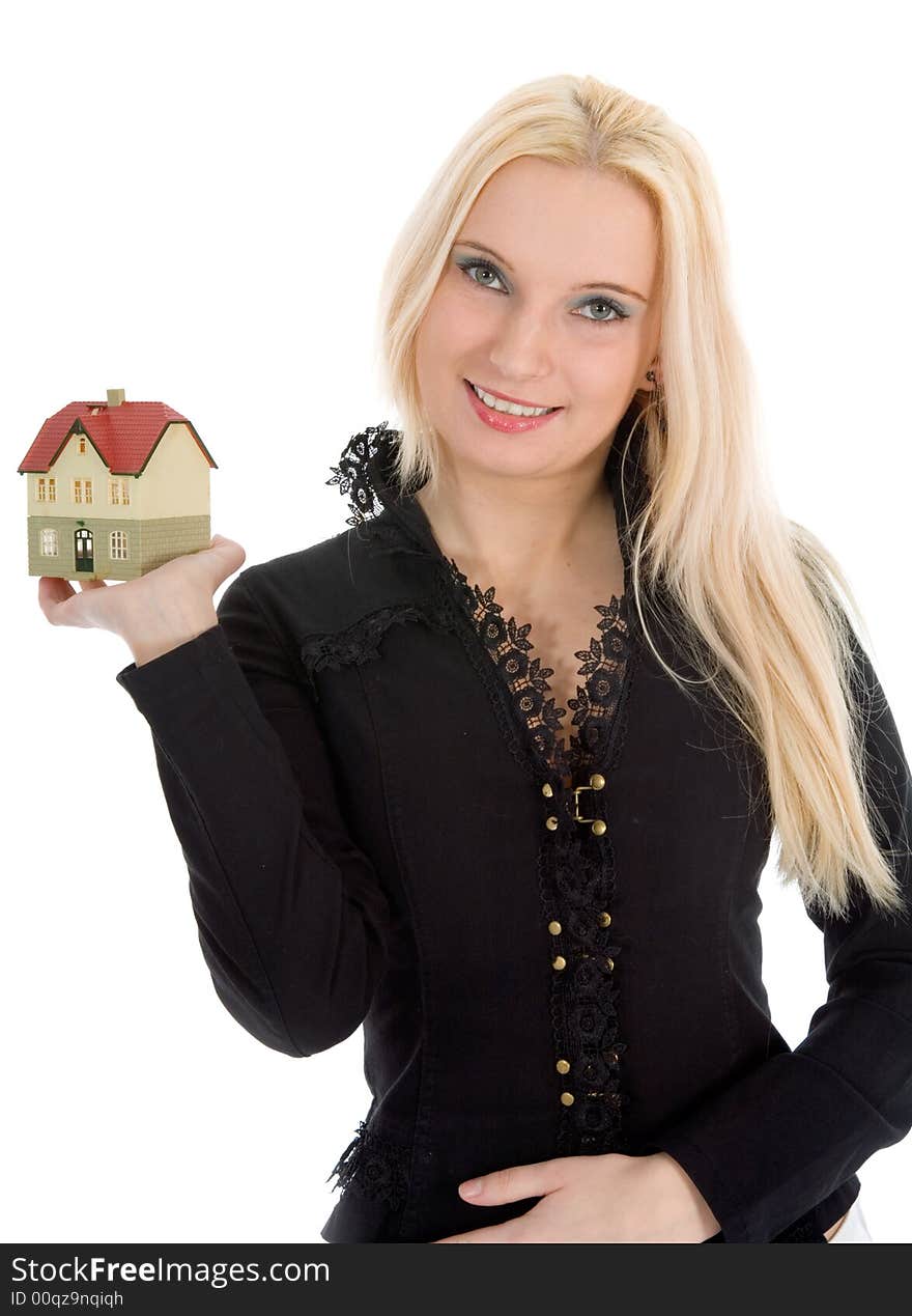 Business woman advertises real estate on isolated background