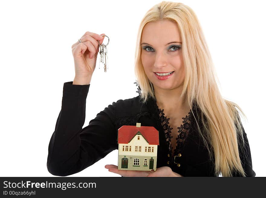 Business woman advertises real estate on isolated background