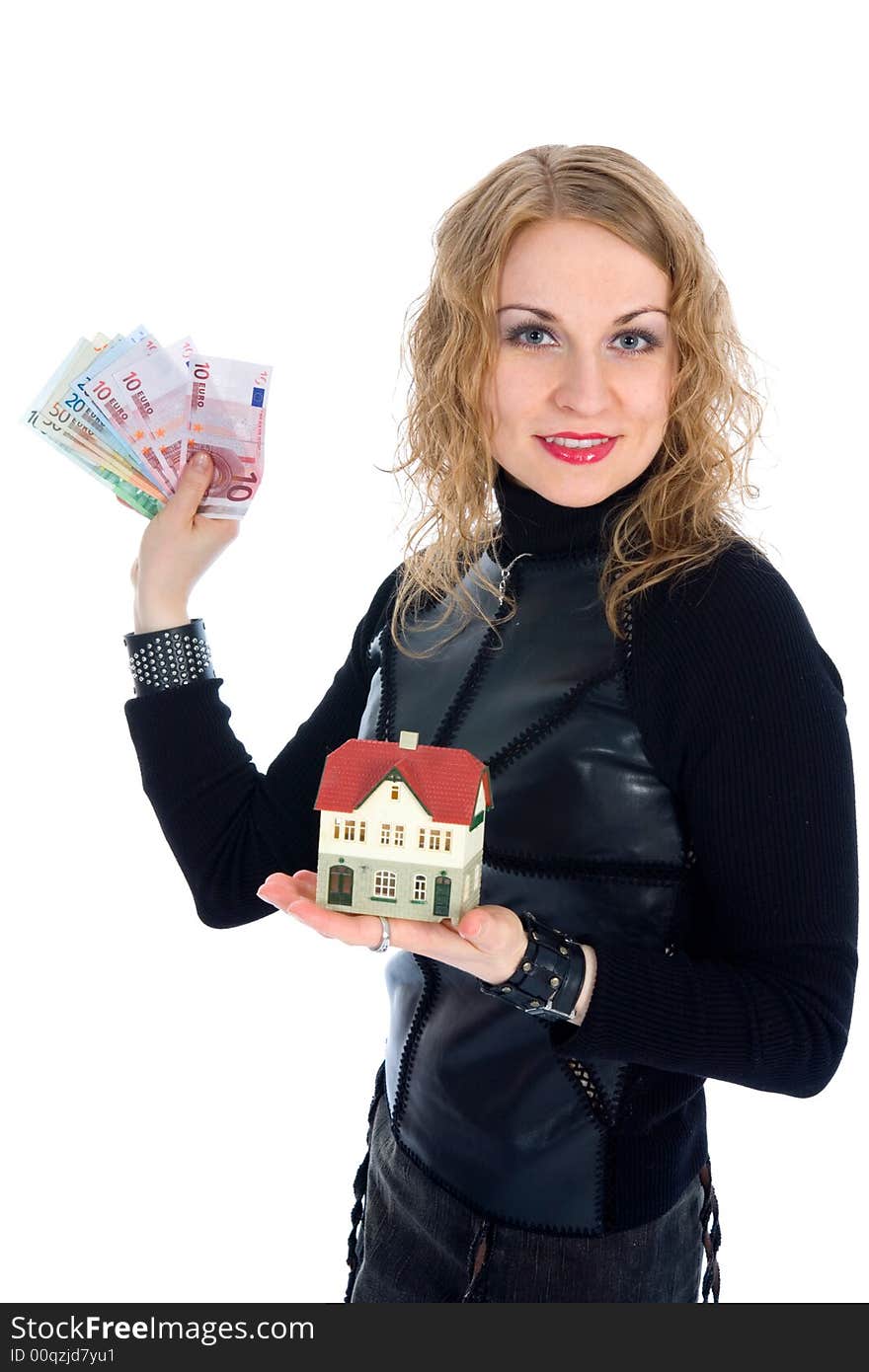 Business woman advertises real estate on isolated background