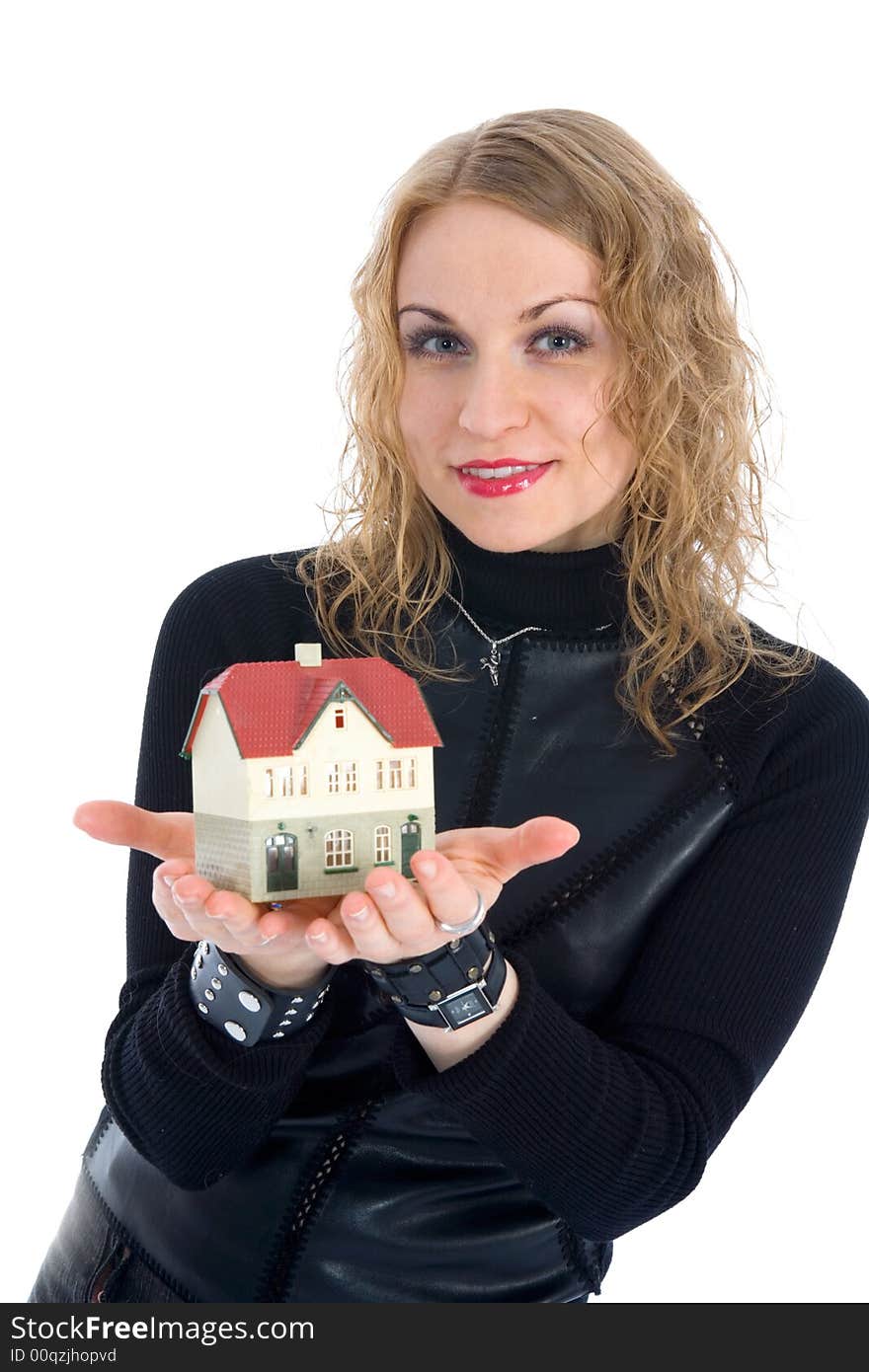 Business woman advertises real estate on isolated background