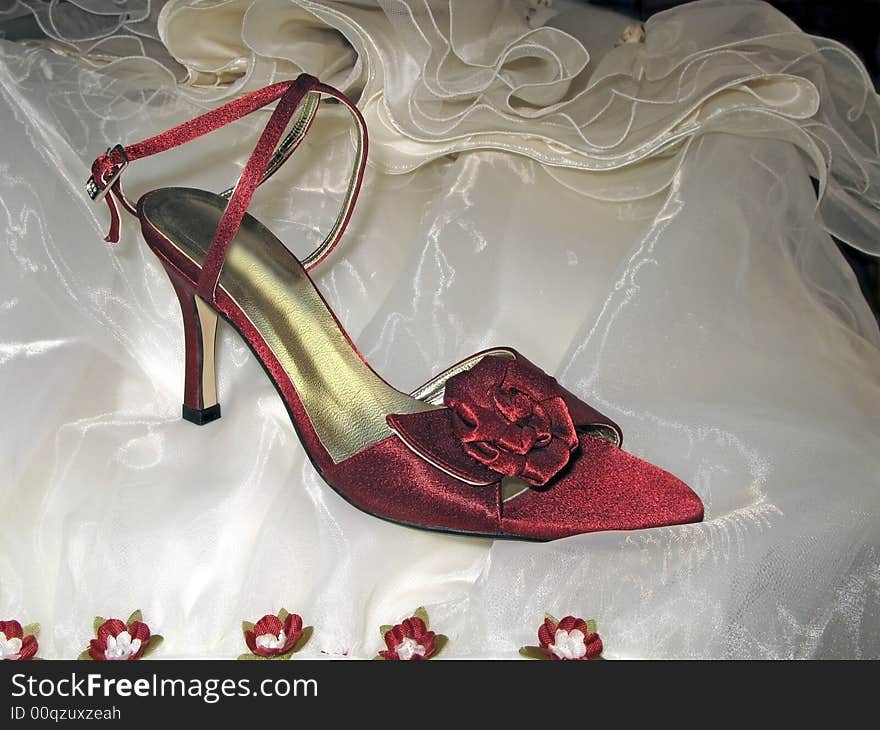 Red Shoes Over Dress Of Bride