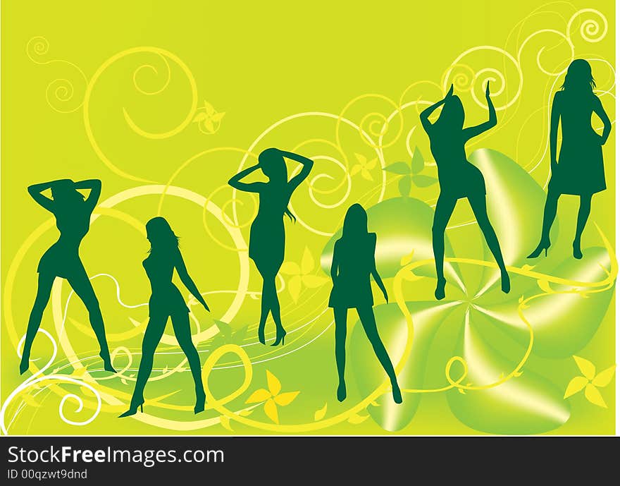 Illustration of girls dancing on the floral background