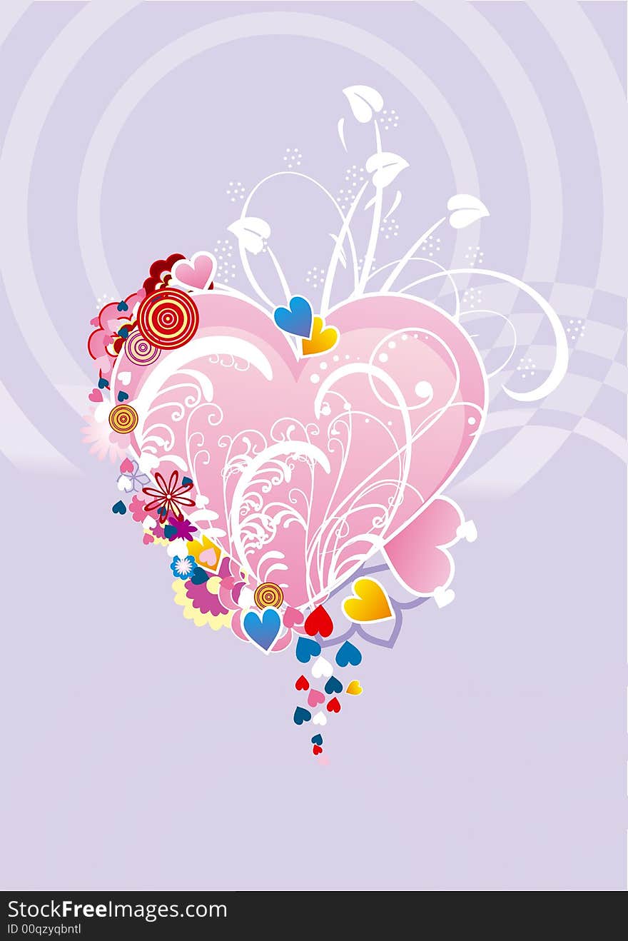 Valentine's card with heart, flowers and swirls