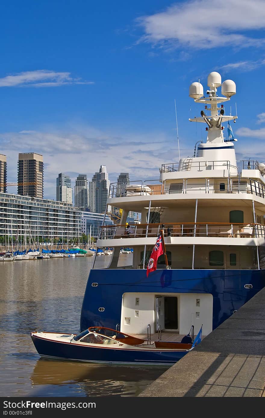 Private luxury yacht anchored at Puerto Madero, Argentina